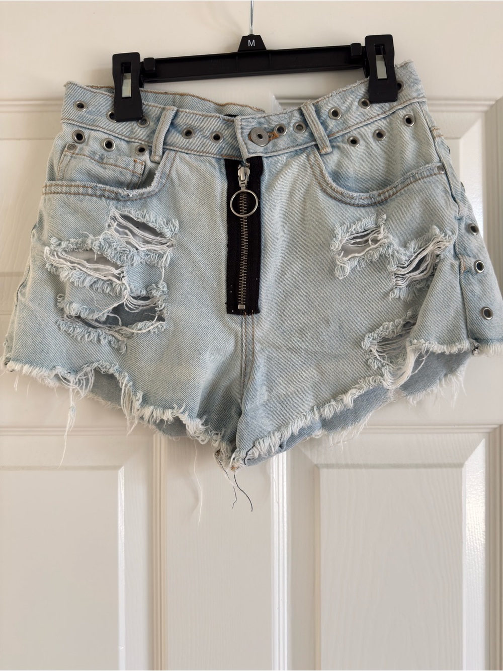 Zara Distressed Denim Mini Shorts with Front Zip - Light Blue Size 2